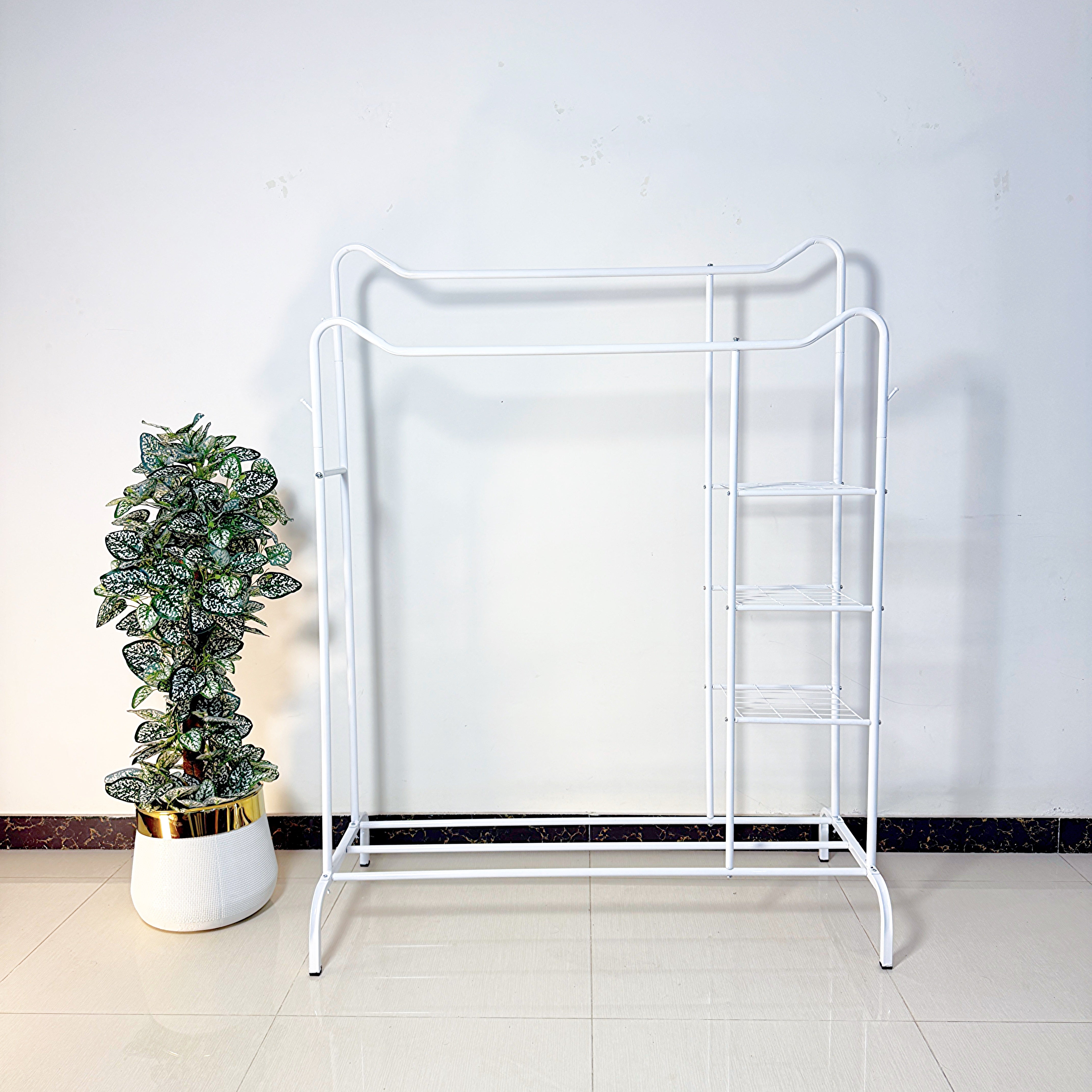 Space-Saving Metal Clothes Stand by Matrix (D) – With Side Storage Shelves & Hooks