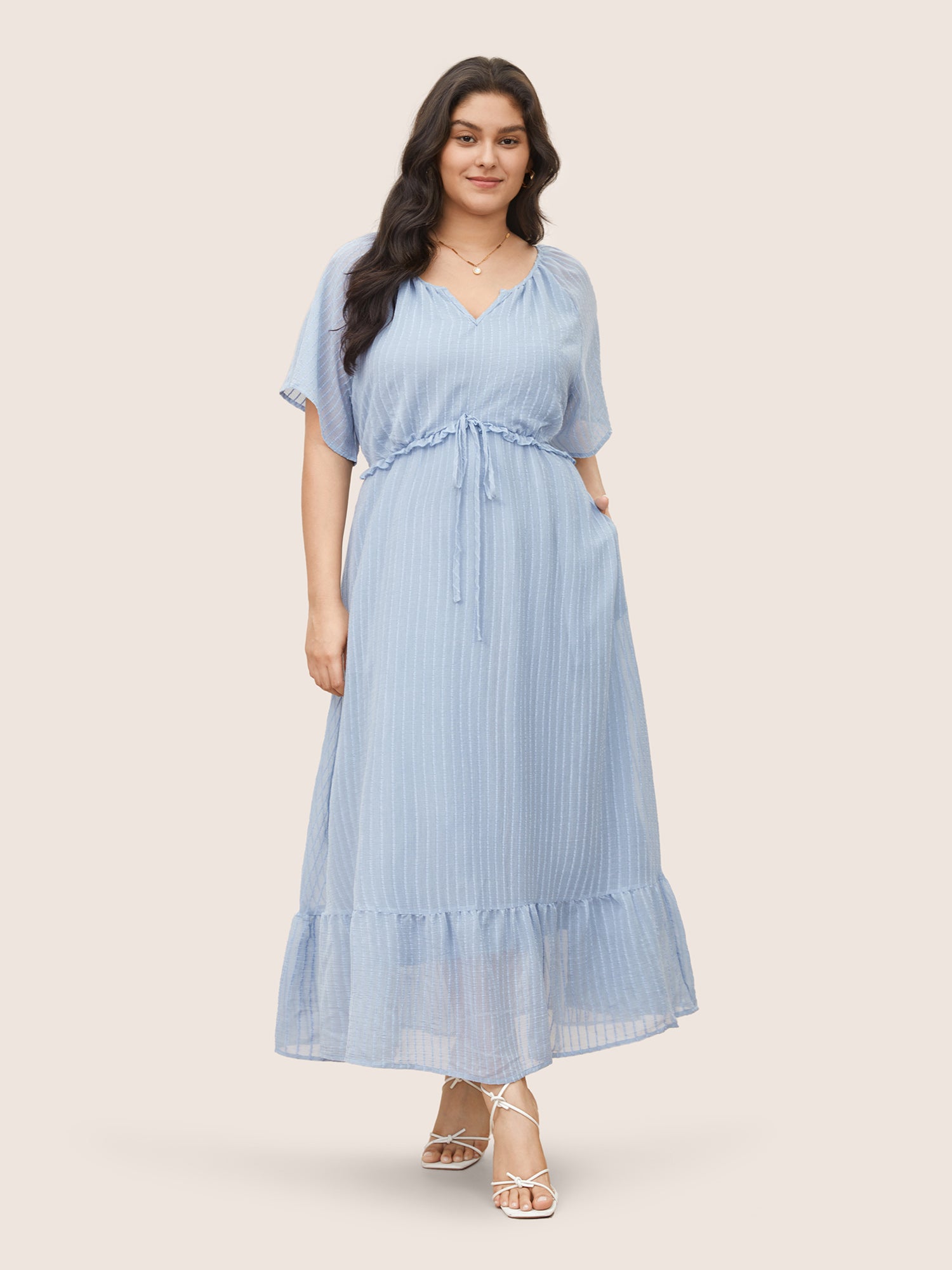 Solid Striped Notched Ties Up Pocket Flutter Maxi Dress