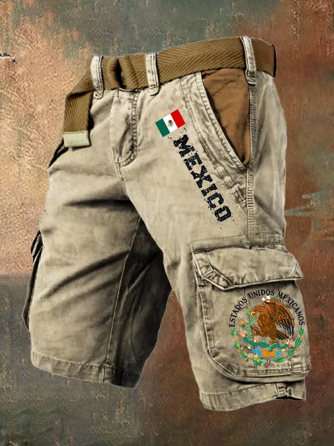 Men's Vintage Distressed Mexican Independence Day Multi-Pocket Cargo Shorts