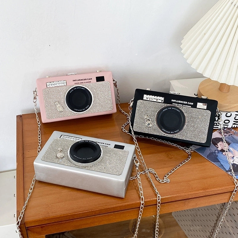 Women's Small Pu Leather Camera Vintage Style Rhinestone Lock Clasp Camera Bag
