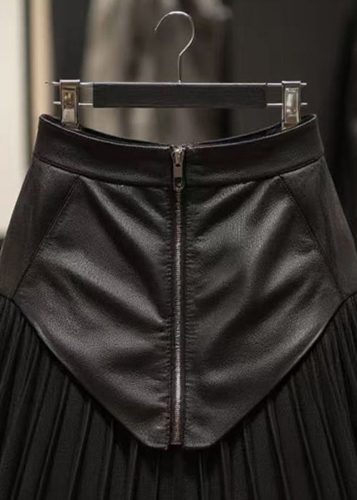Stylish Black Zippered Wrinkled Patchwork Faux Leather Skirt Summer