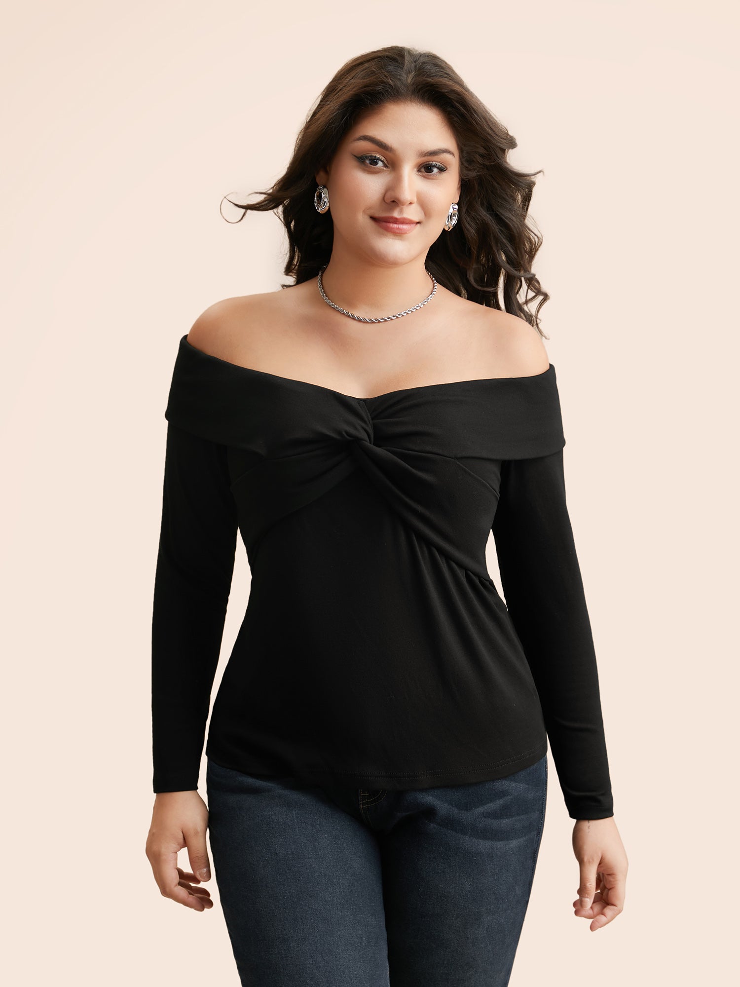 Off Shoulder Twist Front Knit Top