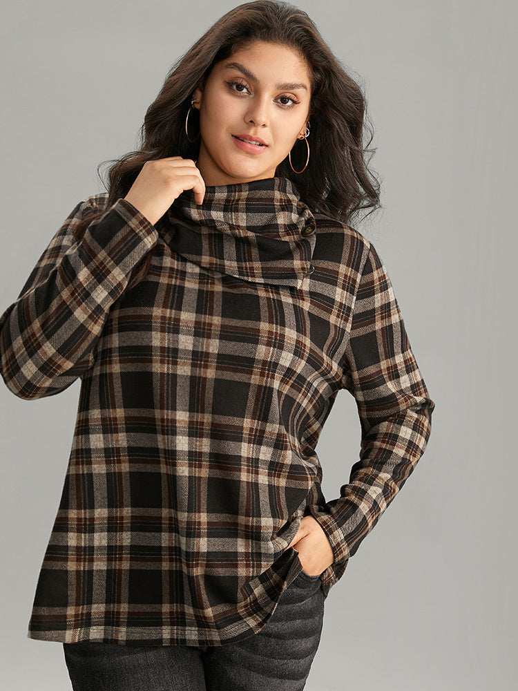 Plaid Funnel Neck Button Detail T-shirt