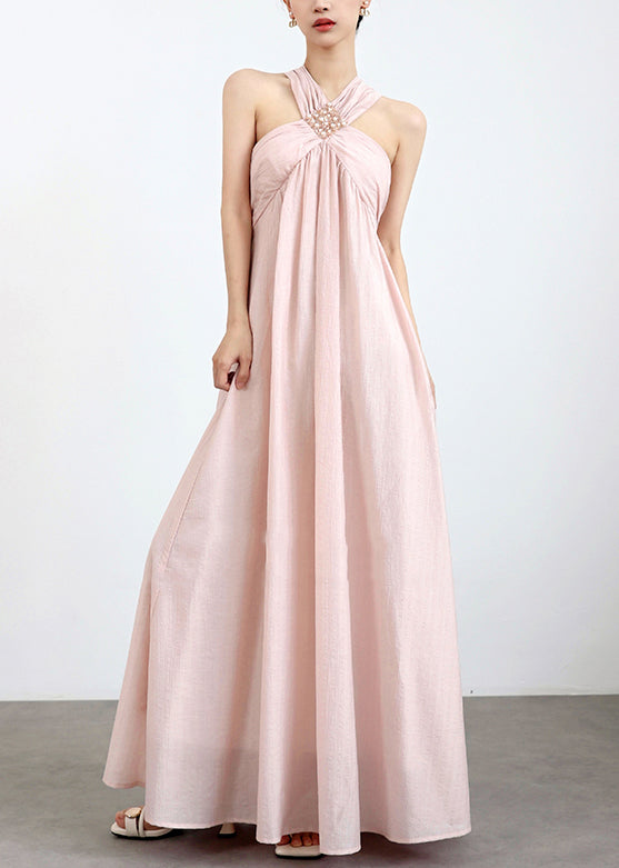 Elegant Pink Cold Shoulder Pearl Solid Cotton Maxi Dresses Sleeveless