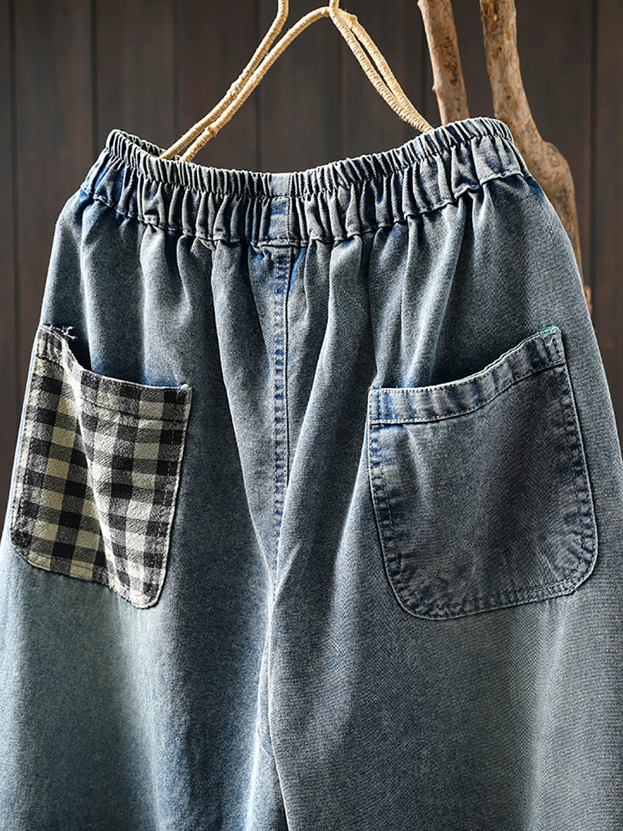 Women Summer Cartoon Patchwork Denim Harem Pants