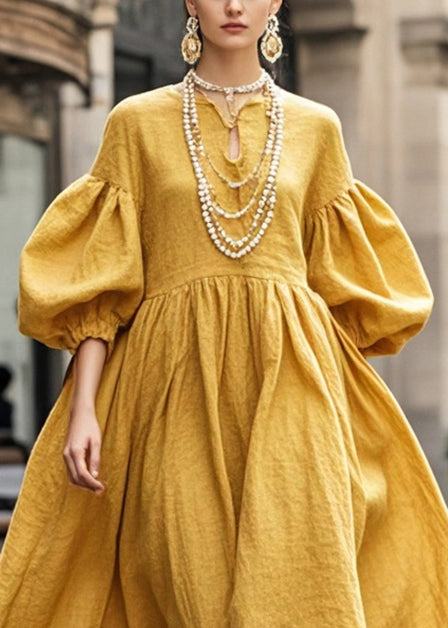 Boho Yellow Exra Large Hem Cotton Maxi Dresses Lantern Sleeve Summer