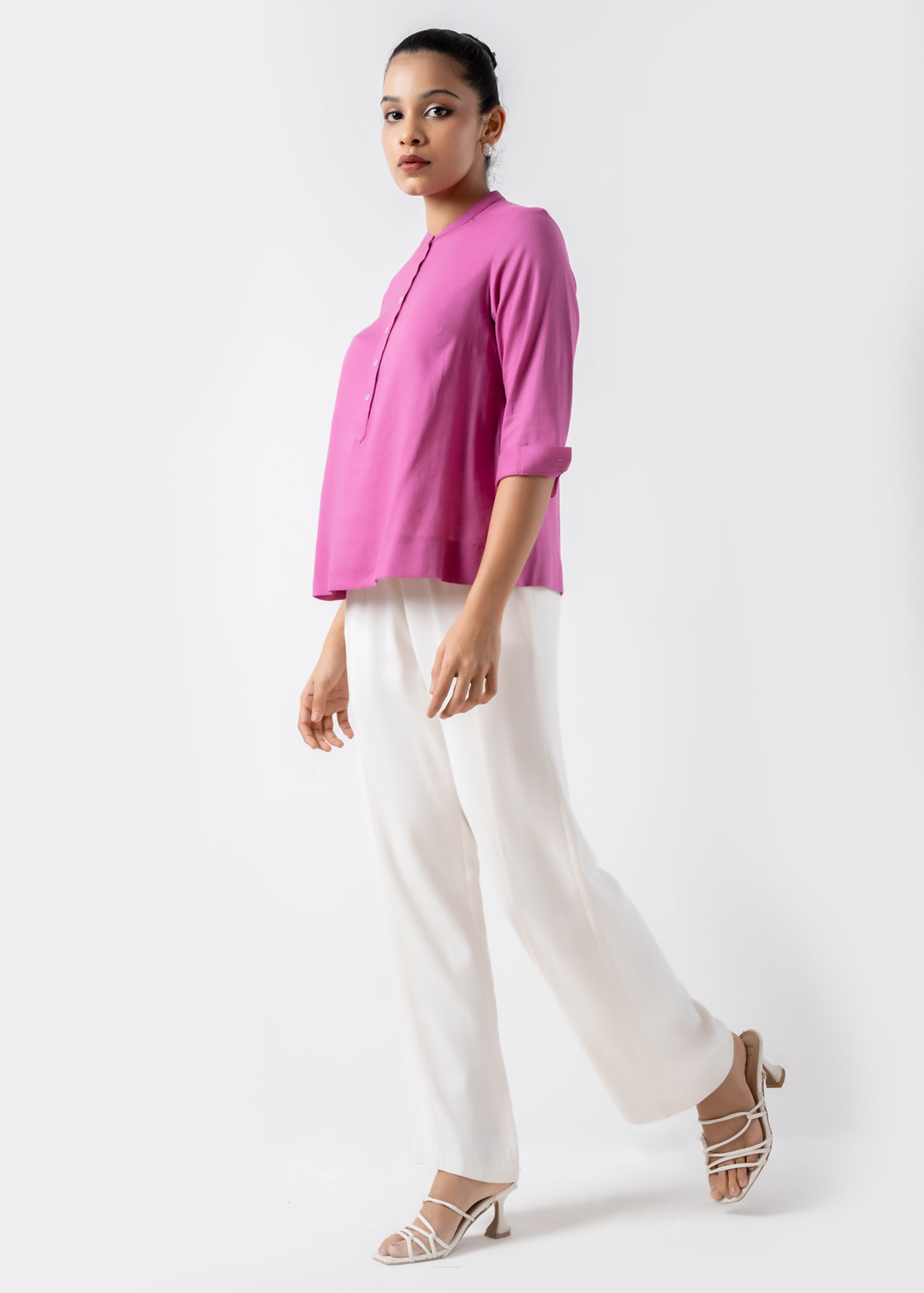 Mandarin Collar Blouse With Short Placket