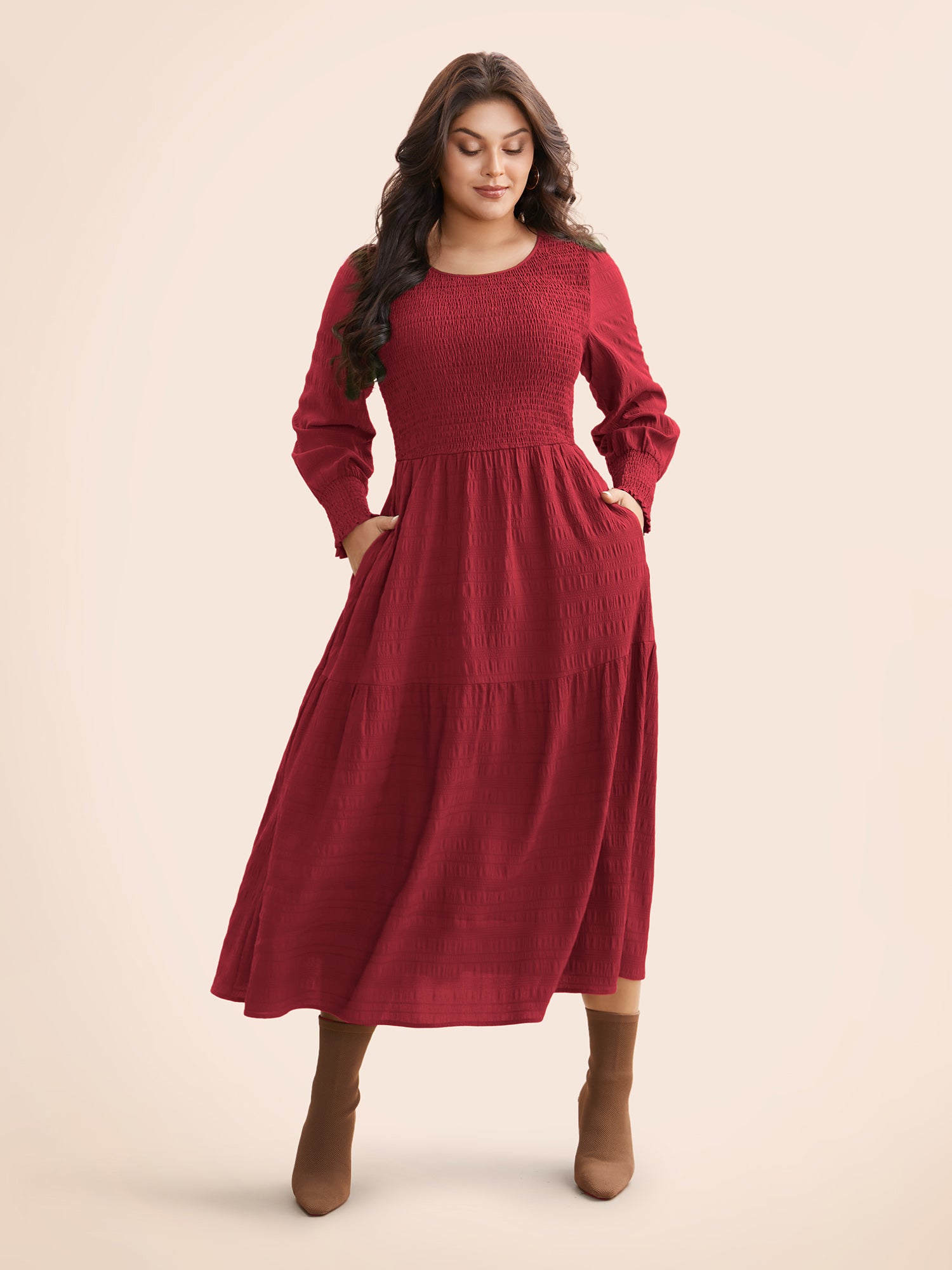 Plain Textured Shirred Midi Dress