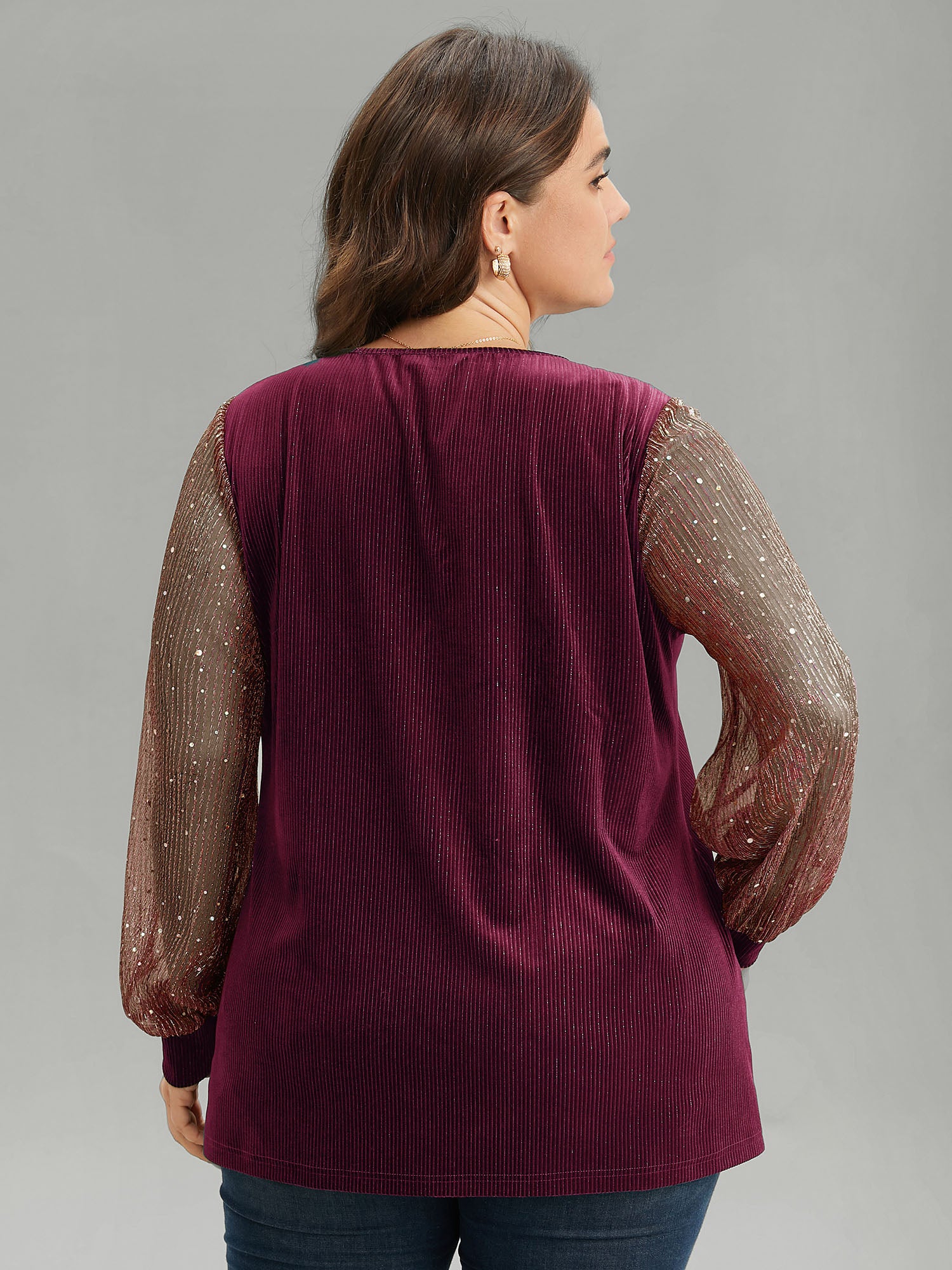 Velvet Patchwork Mesh Sequin Notched T-shirt