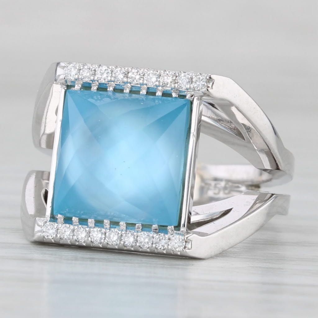 Blue Topaz Mother of Pearl Diamond Ring 18k White Gold Size 6.5