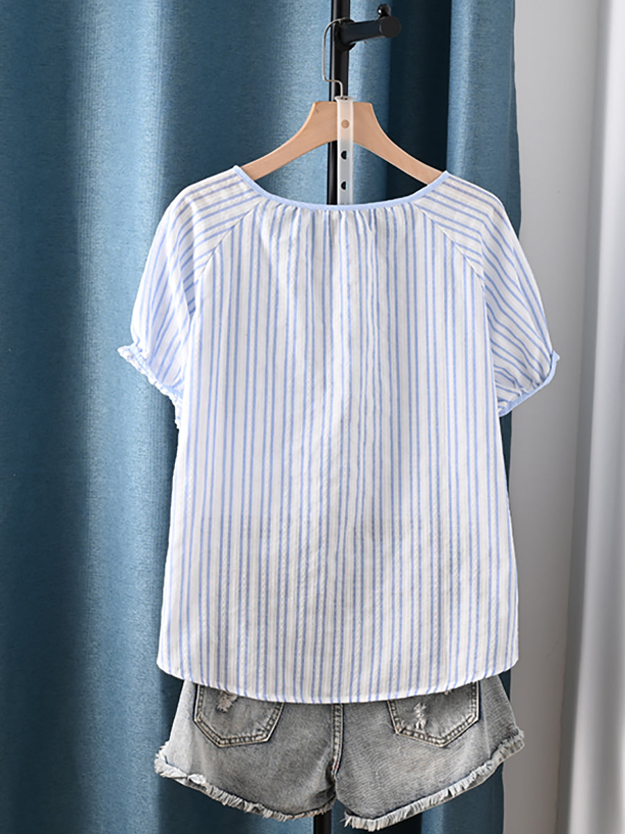 Women Summer Artsy Stripe Plaid O-Neck 100%Cotton Shirt