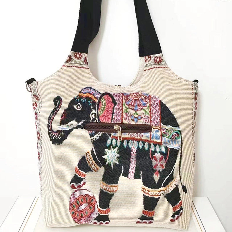Women's Large Canvas Elephant Ethnic Style Square Zipper Shoulder Bag
