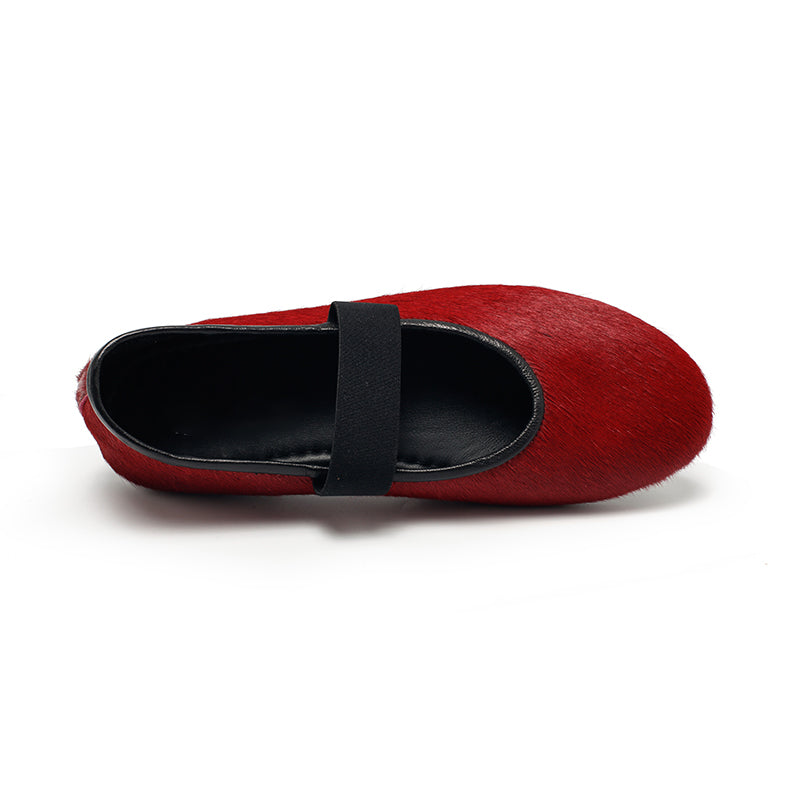 Elegant Round Toe Soft Leather Mary Jane Flats in Red/Black/Wine Red