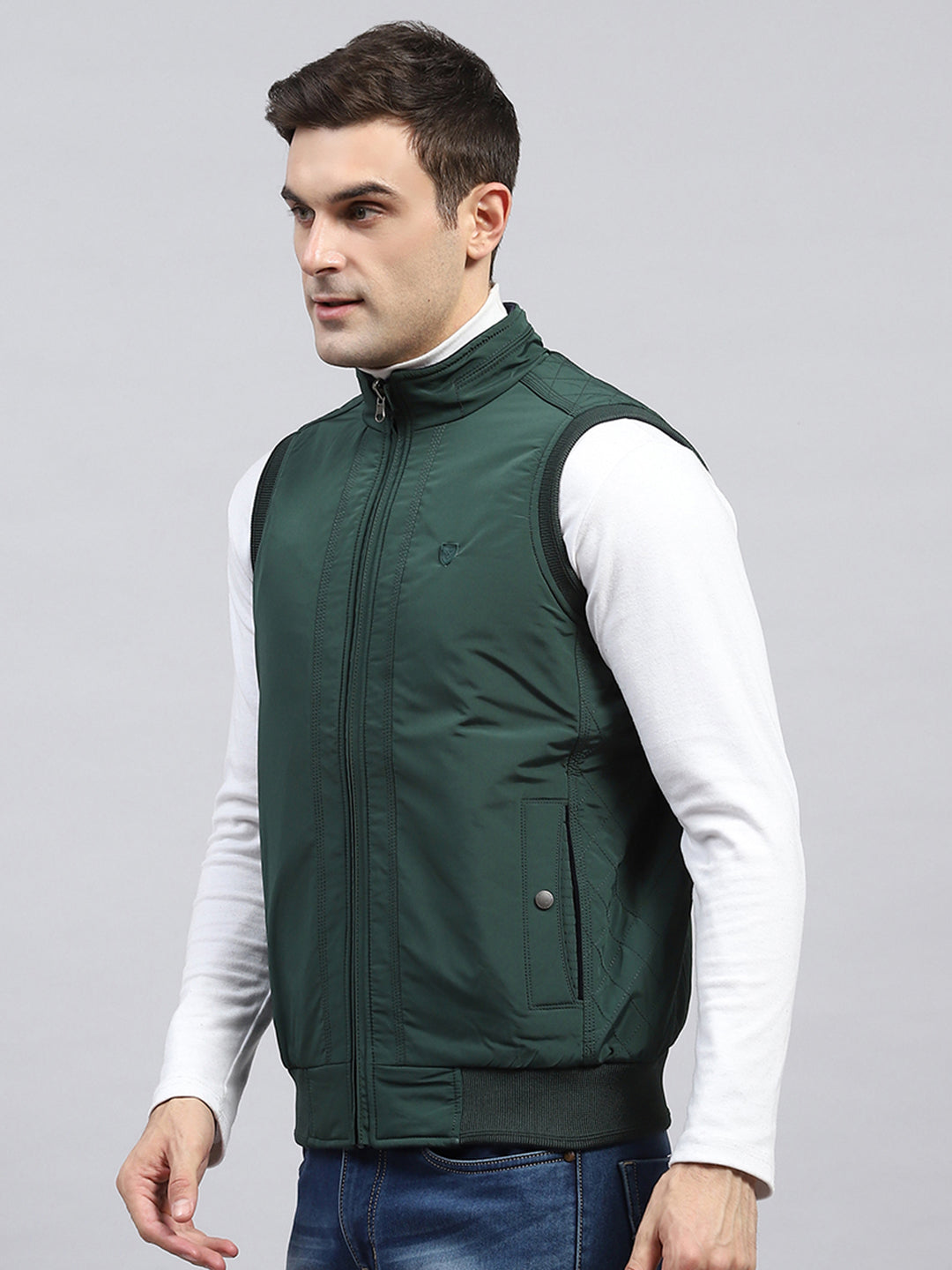 Men Green Solid Mock Neck Sleeveless Reversible Jacket