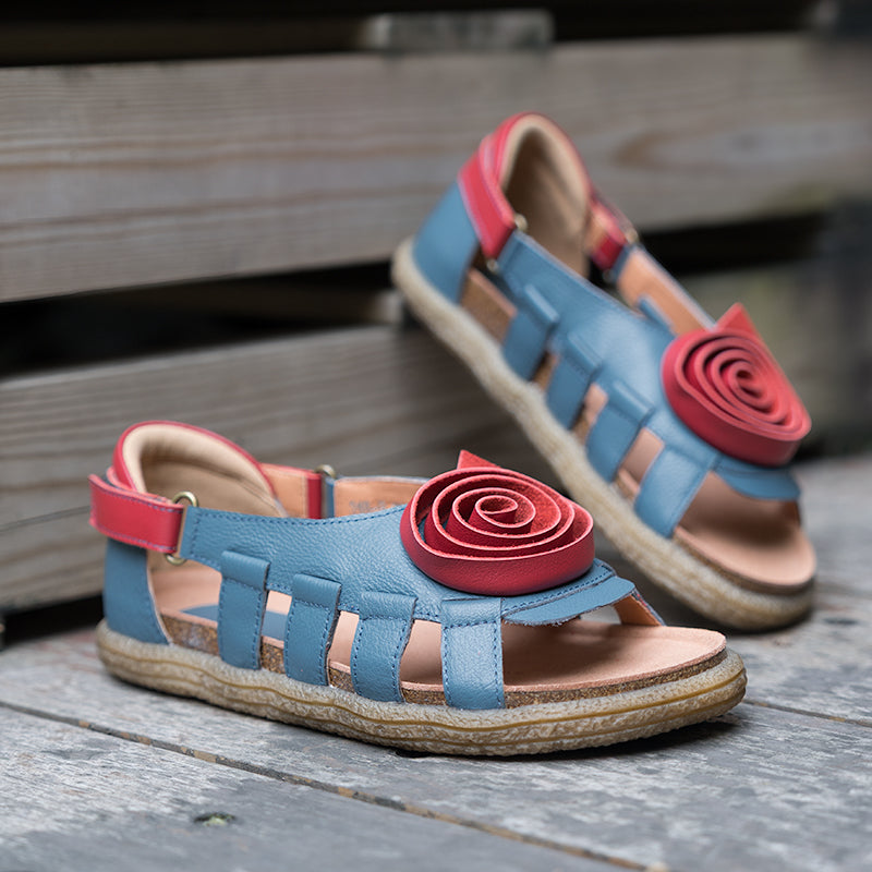 Women's Leather Hollow Sandals Flat with Handmade Flower