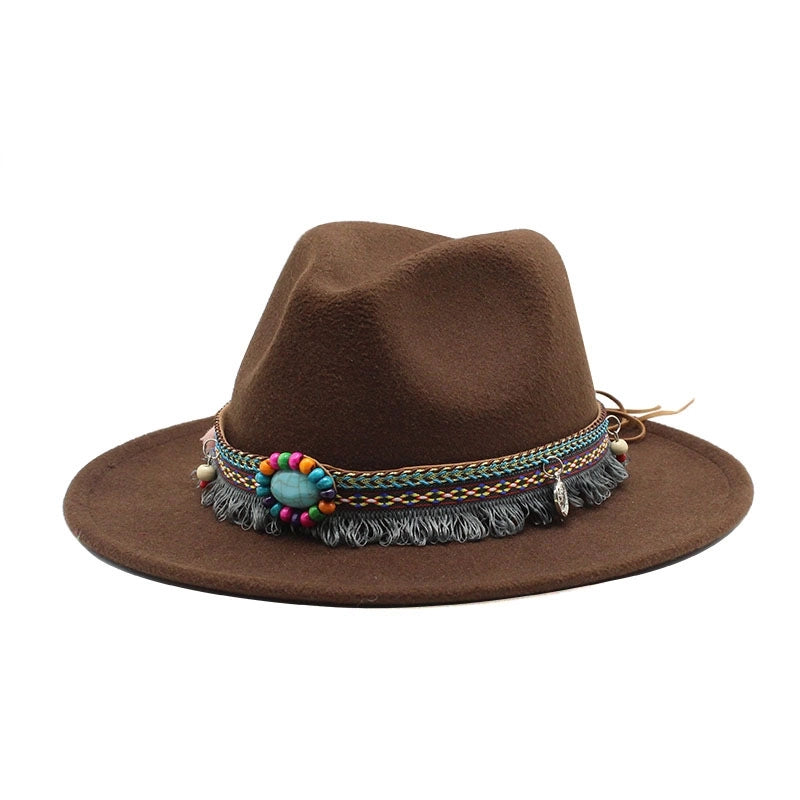 Designed Hot Sale Woolen Hat Women's Ethnic Style Retro Flat Brim Big Brim Jazz Hat
