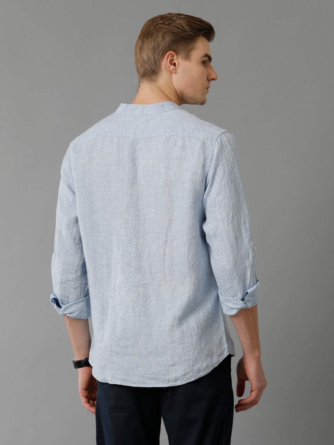 Mens Regular Fit Solid Blue Casual Linen Shirt (LAUNI)