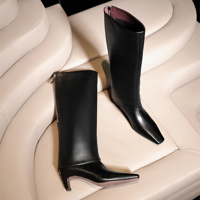 Genuine Leather Square Toe Kitten Heel Knee High Boots For Women In Black/Red