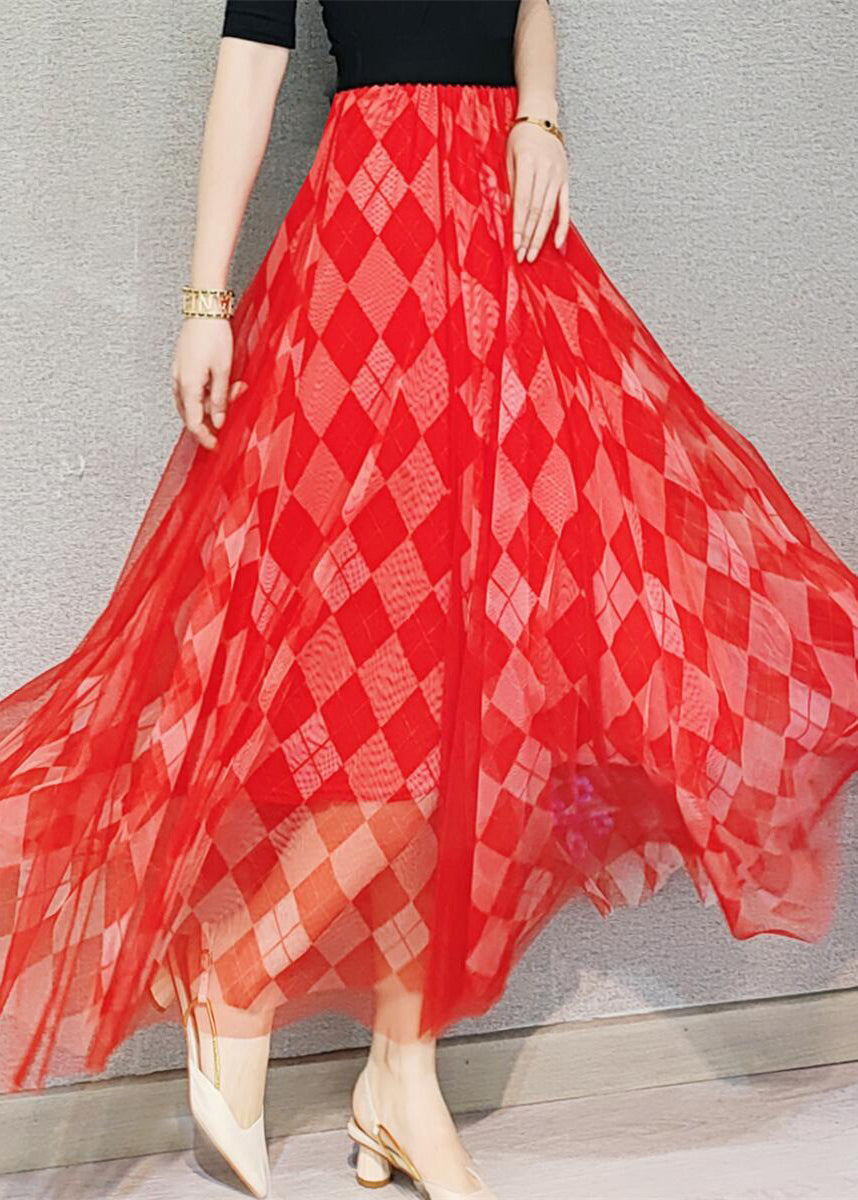 Loose Red Plaid Elastic Waist Tulle Skirt Summer