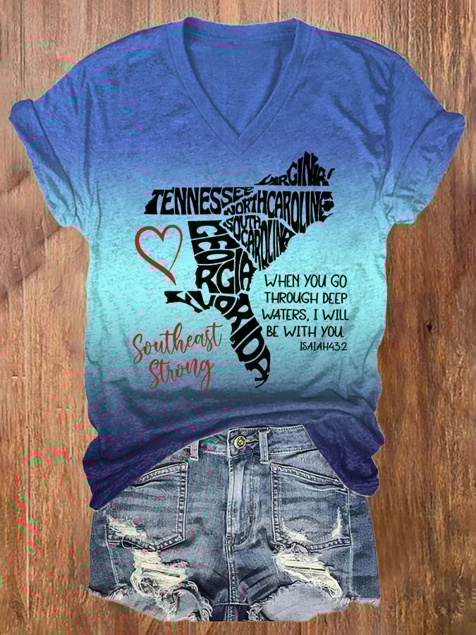 V-Neck Retro Gradient Southeast Strong When You Go Through Deep Waters. I Will Be With You Isaiah 43:2 Tennessee Georgia. South Carolina. North Carolina. . Virginia. Florida Print T-Shirt