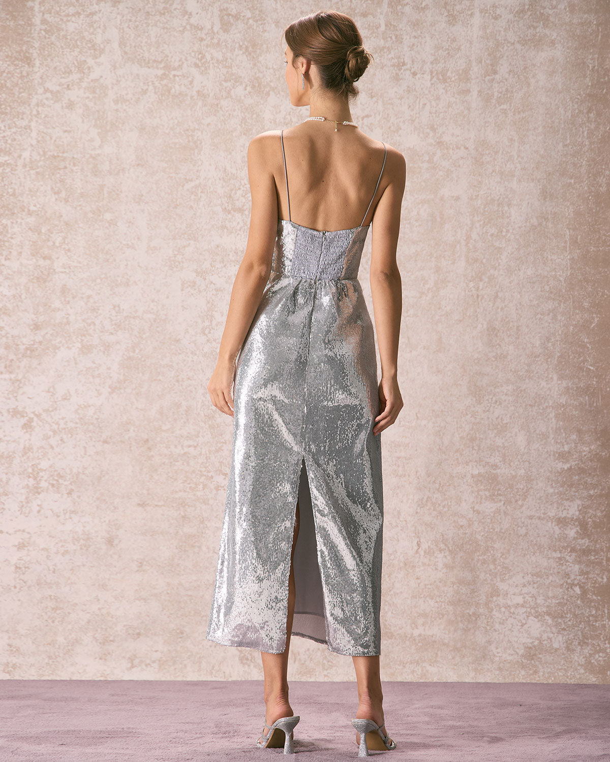 The Silver Sequin Sleeveless Strap Maxi Dress