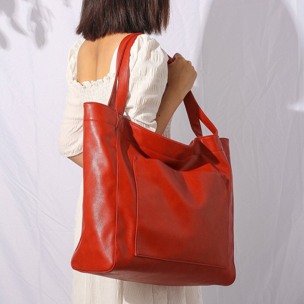 Women's Large Soft Leather Tote Bag With Pocket