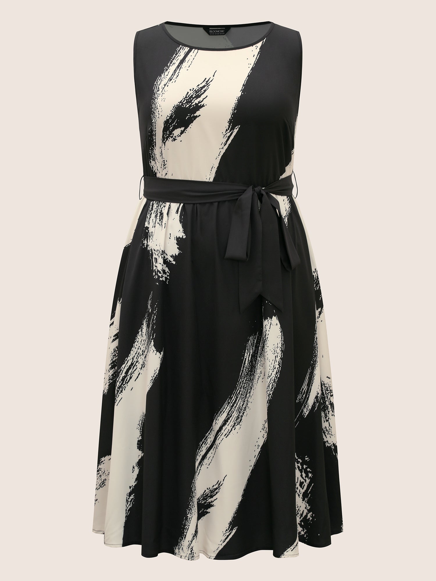 Marble Print Sleeveless Belted Midi Dress