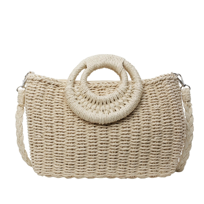 Women's Large Straw Solid Color Vacation Beach String Straw Bag