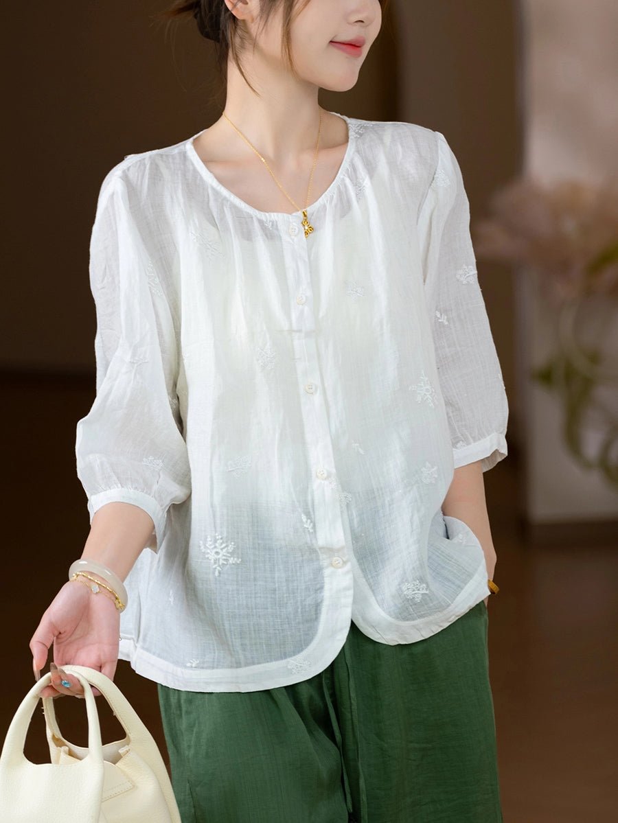 Women Summer Vintage Pure Color O-Neck 100%Ramie Shirt