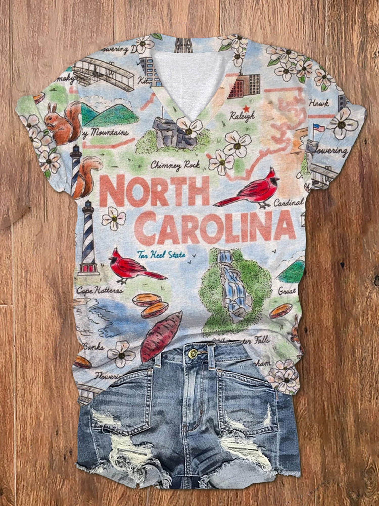 Women's North Carolina art watercolor print V-neck T-shirt