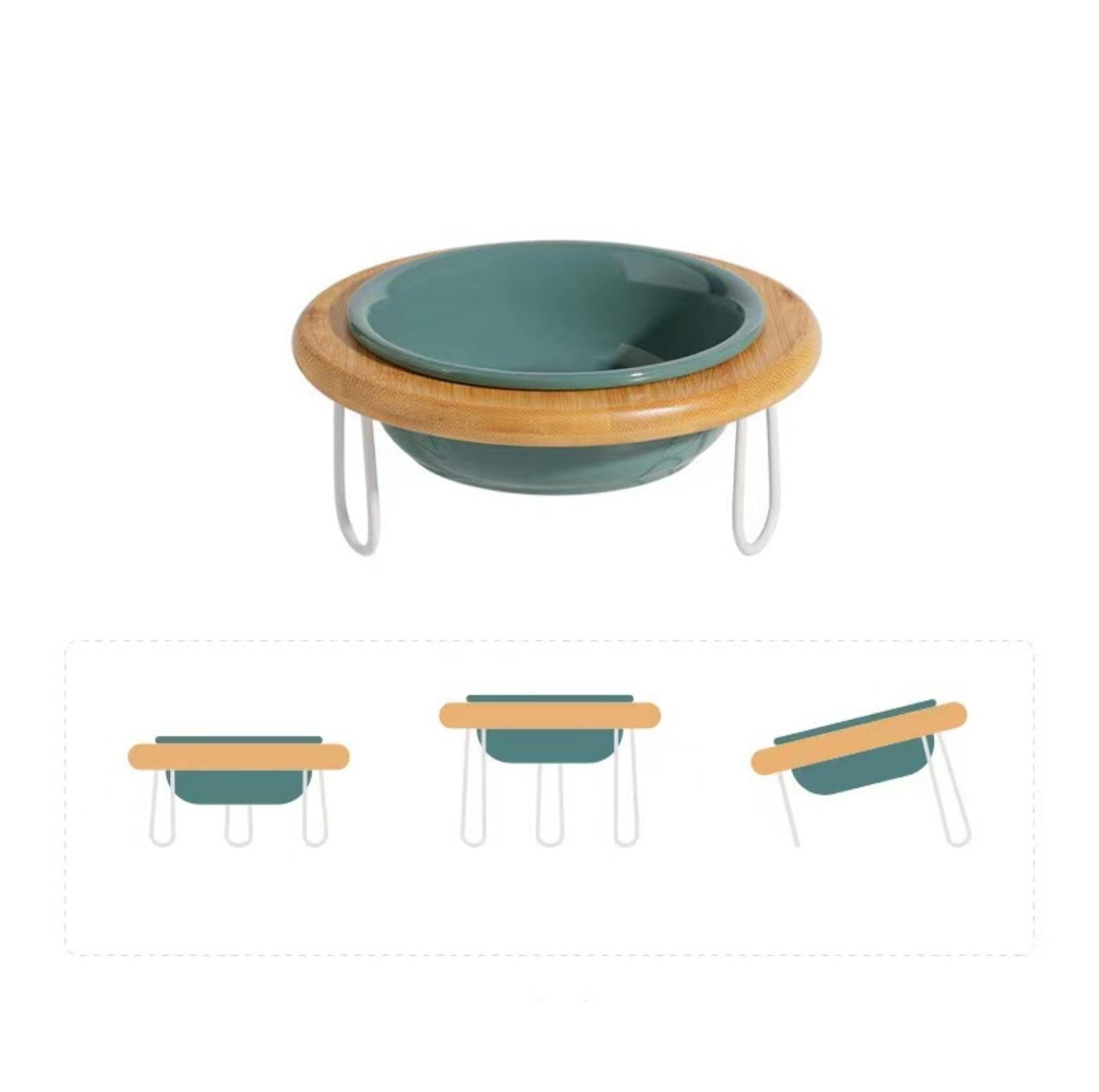 Height-Adjustable Ceramic Cat Bowls Small Dog Bowls with Bamboo Round Frame