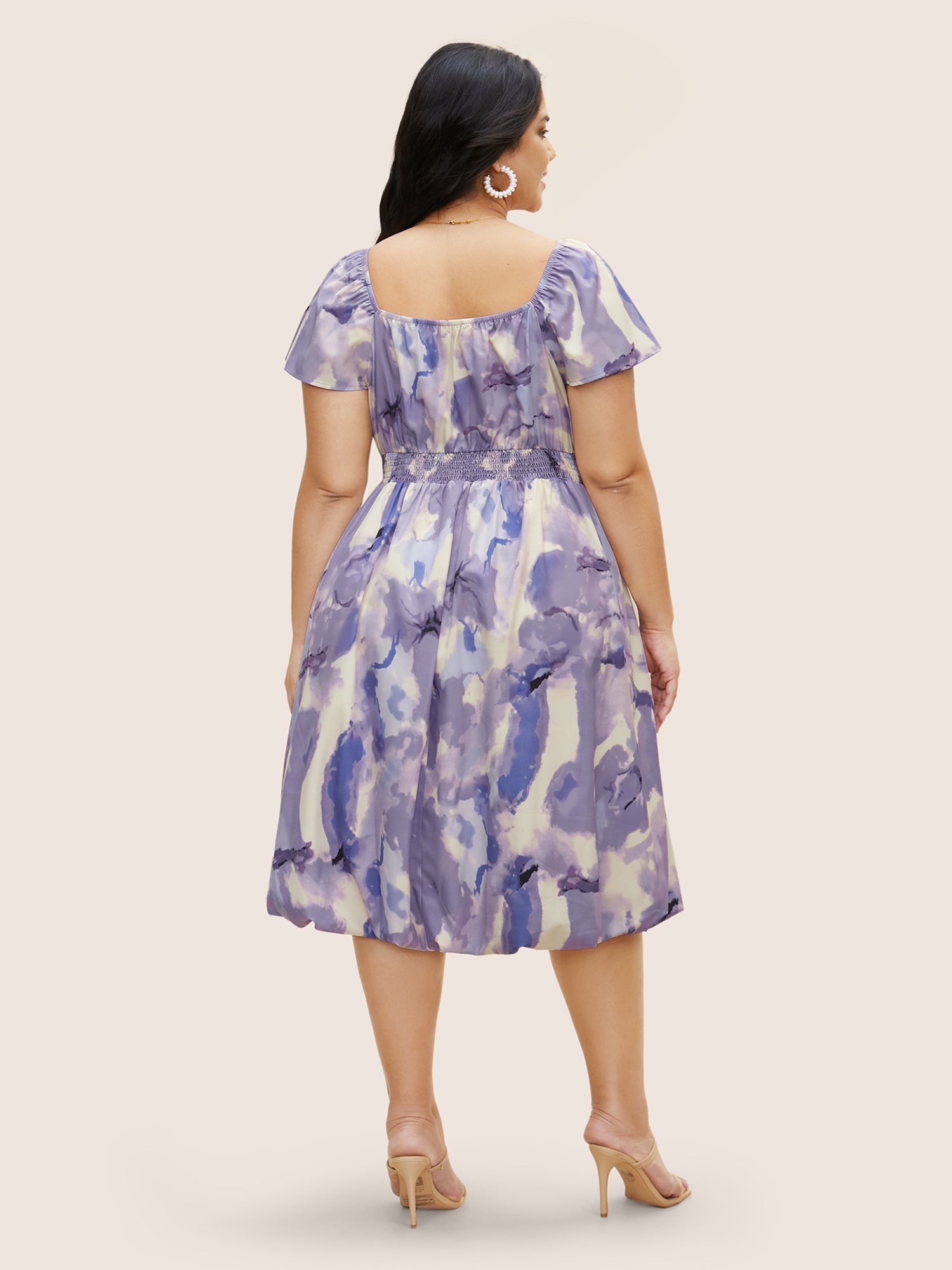 Watercolor Floral Ruffles Shirred Gathered Dress