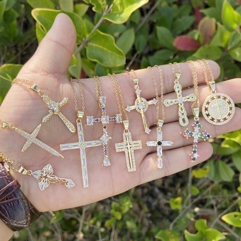 Fashion Cross Copper Inlaid Zircon 18K Gold Plated