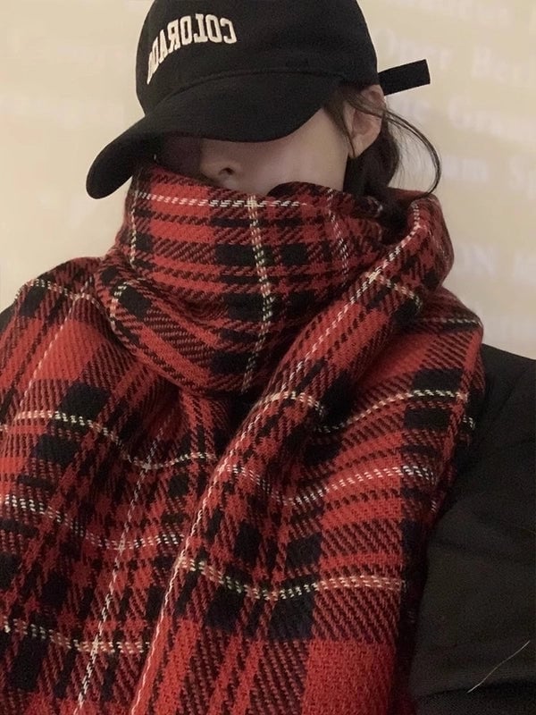 Christmas Scarf Women's Winter  High-grade Red Plaid Scarf Student Couple Thickened Warm Shawl