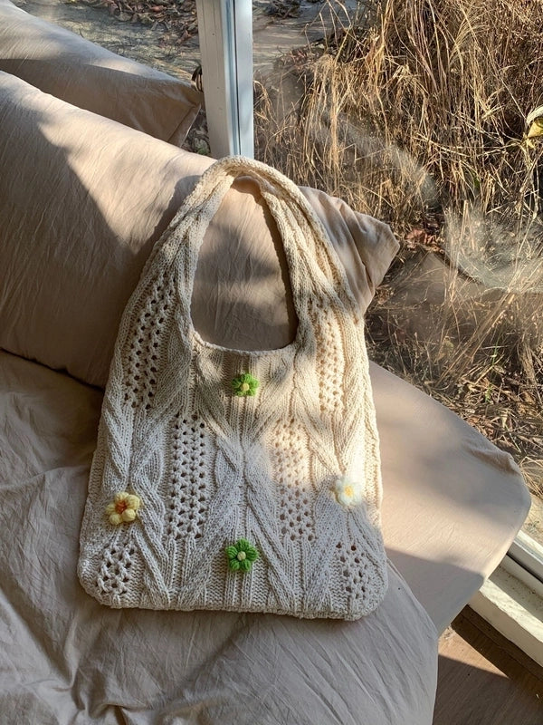 Women's Medium Knit Solid Color Flower Basic Vintage Style Weave Square Open Shoulder Bag