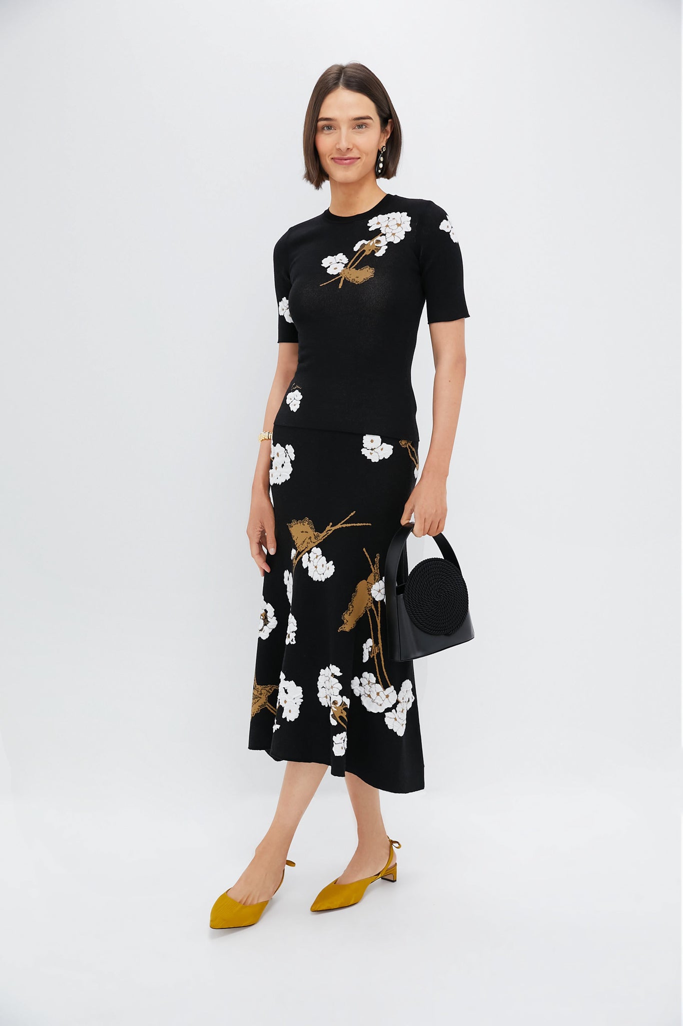 Elena Garden Black A-line Midi Knit Skirt