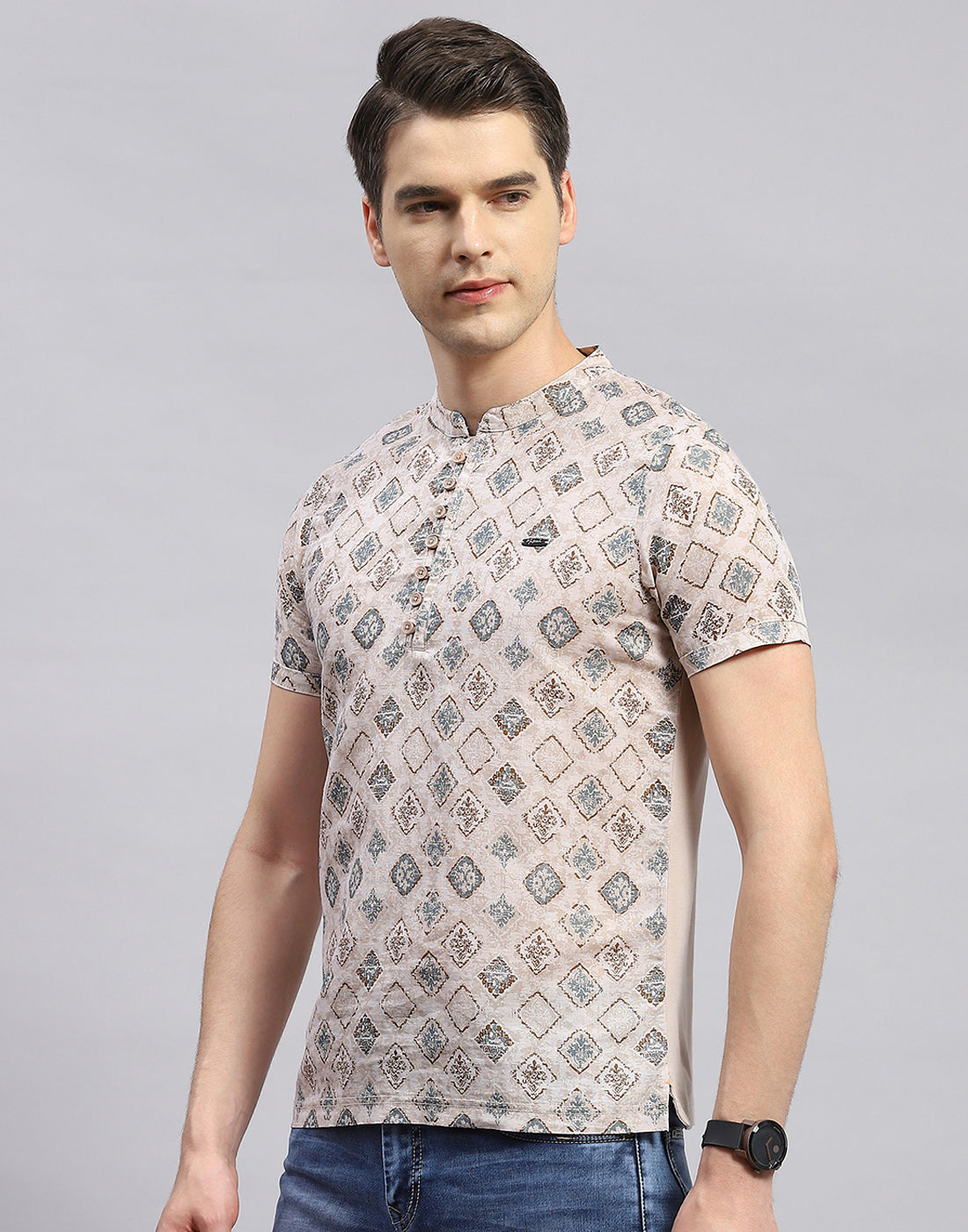 Men Beige Printed Band Collar Half Sleeve Kurta