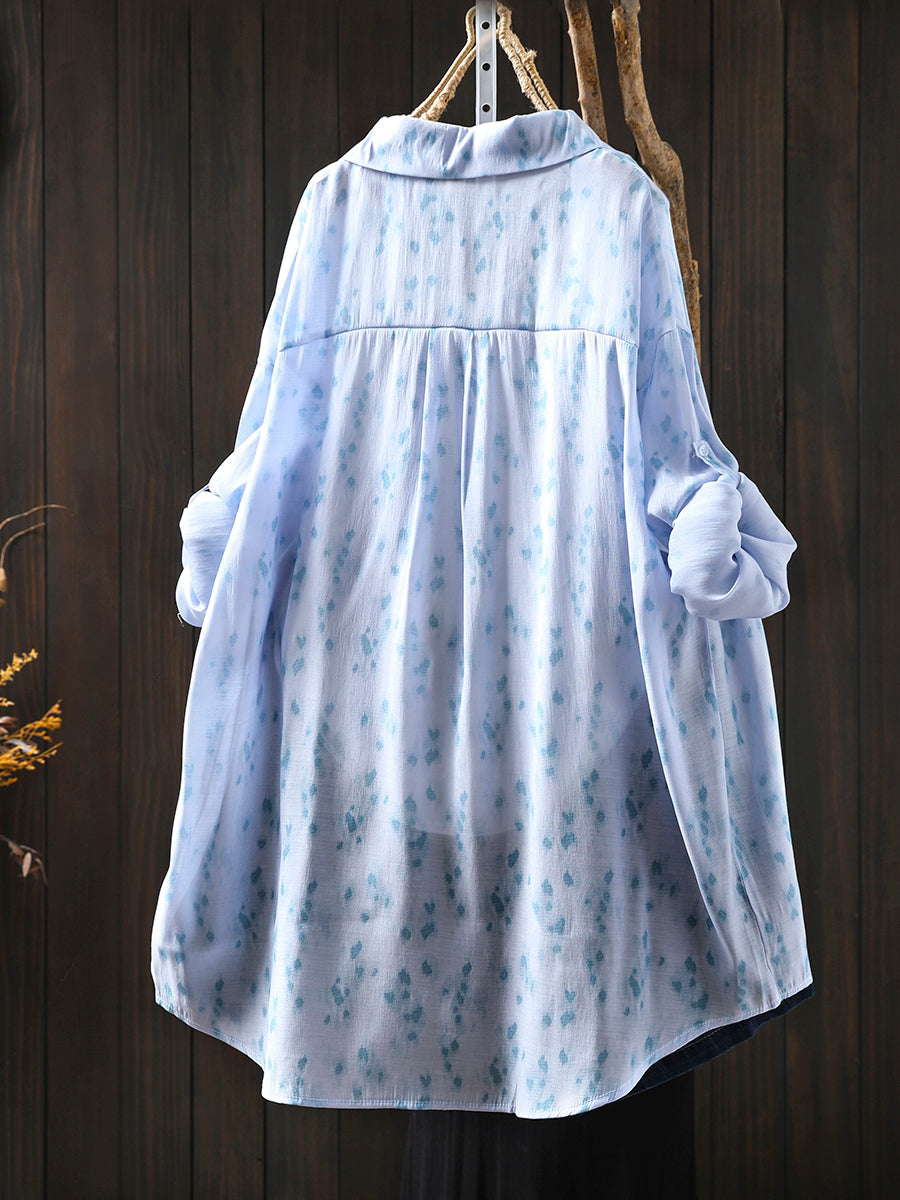 Women Summer Artsy Print Turn-down Collar Thin Shirt