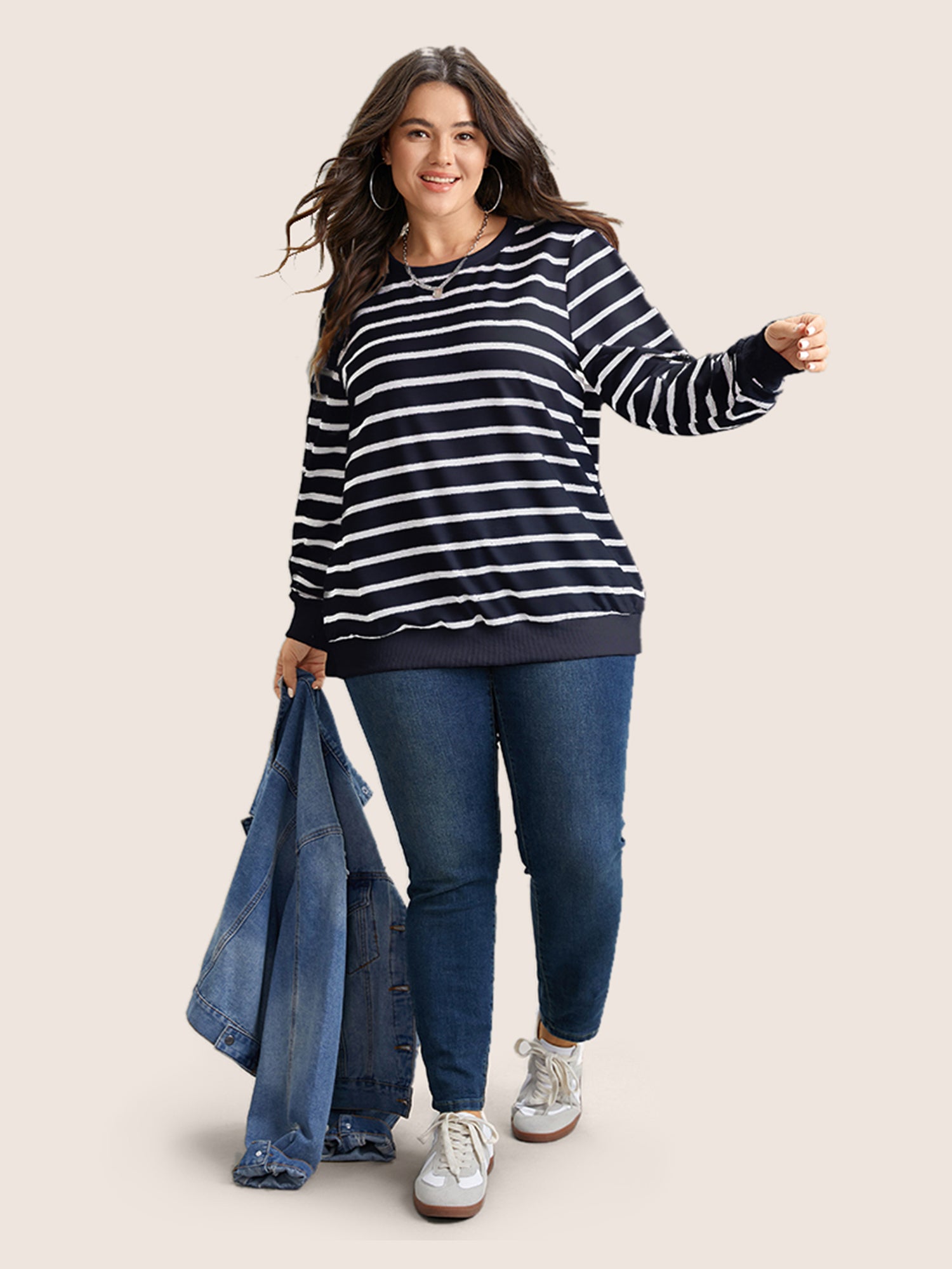 Rib Knit Striped Round Neck Sweatshirt