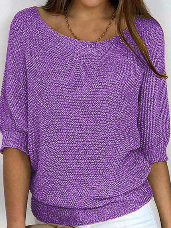 Loose Plus Size Solid Color Split-Joint Round-neck Sweater Tops