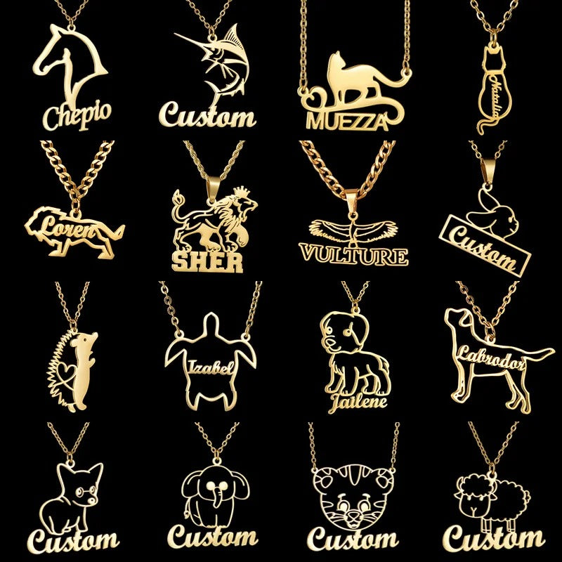 Custom Animal Outline Pendant Necklace With Name Design