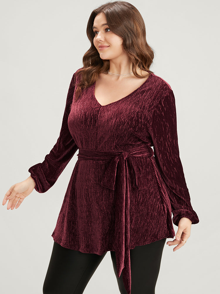 Glitter Textured Lantern Sleeve Belted Ruffle Blouse