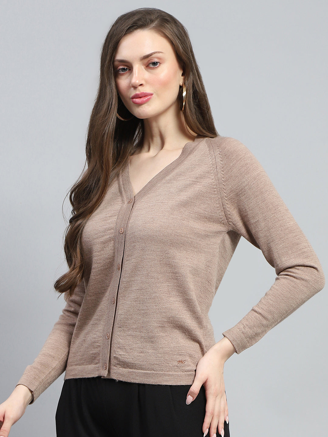 Women Beige Solid V Neck Full Sleeve Cardigan