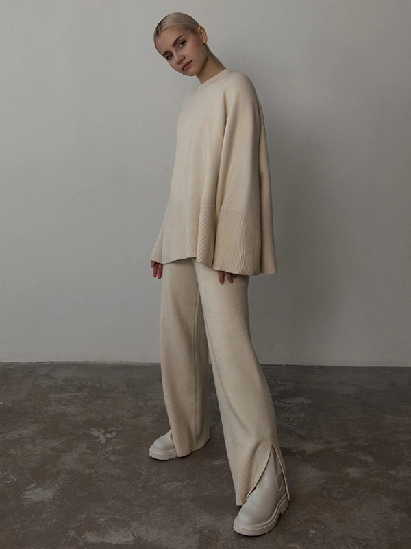 Casual Long Sleeves Loose Solid Color Round-Neck Sweater Tops & Wide Leg Pants Two Pieces Set