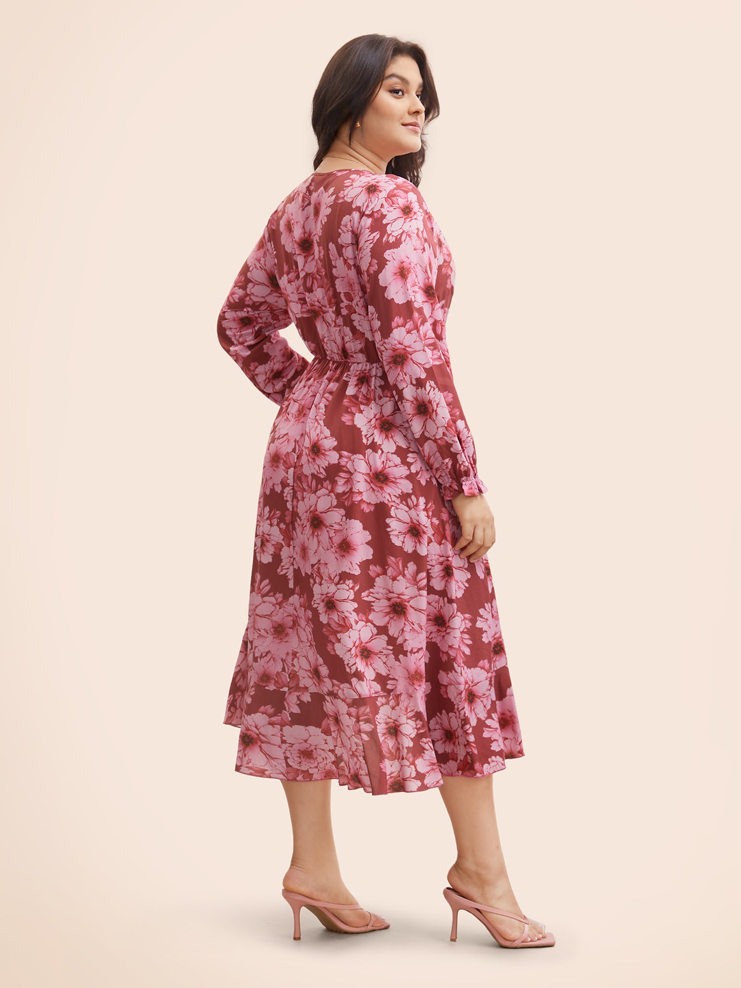 Floral Overlap Collar Ruffle Trim Dress