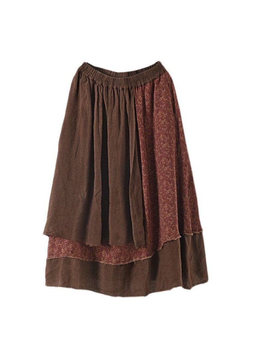 Coffee Pockets Patchwork Cotton Skirt Wrinkled Asymmetrical Spring