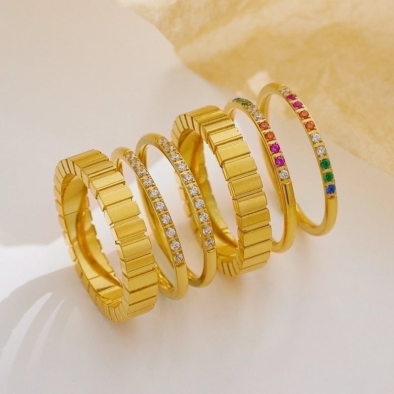 Minimalist Geometric Titanium Steel Polishing Plating Inlay Zircon Rings