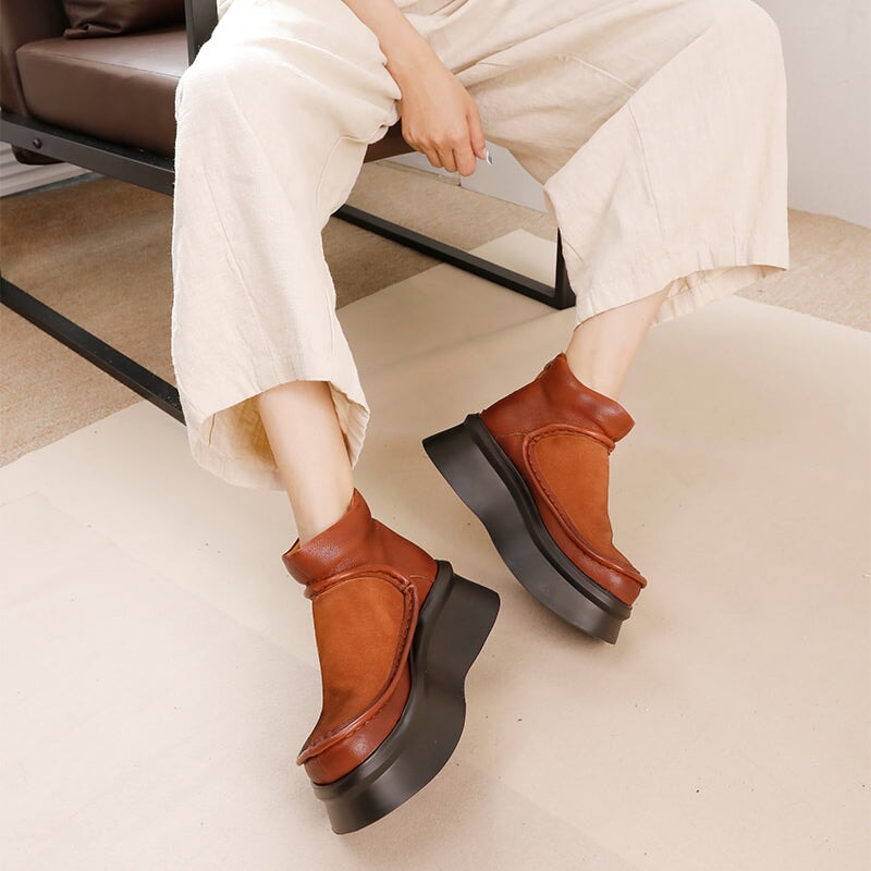 Retro Genuine Leather Platform Short Boots For Women Round Toe in Black/Brown