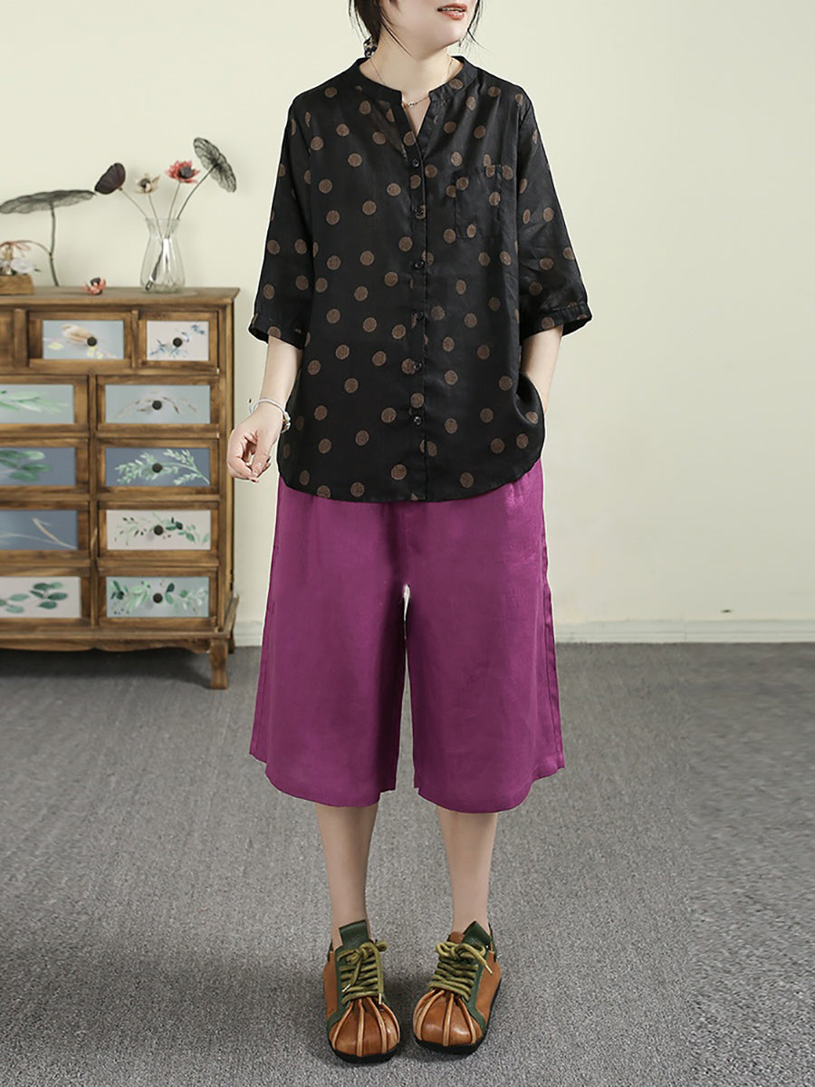 Women Summer Pure Color 100%Linen Wide-leg Fifth Pants