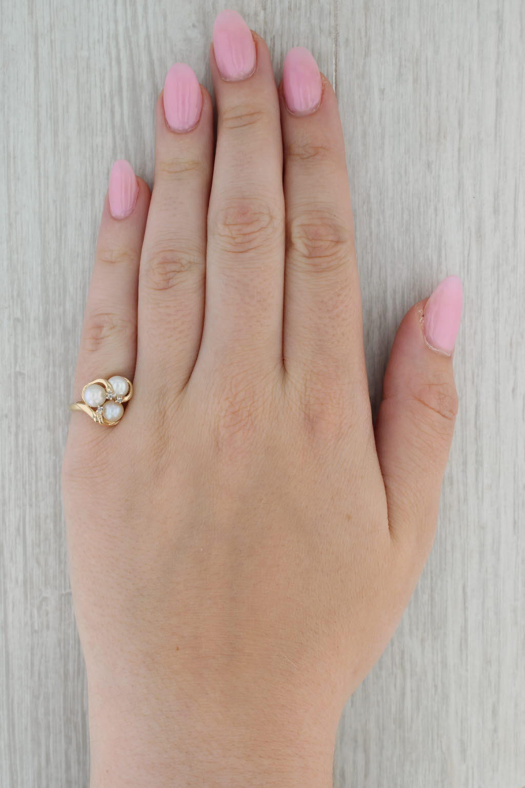 Cultured Pearl 3-Stone Diamond Ring 10k Yellow Gold Size 7.5